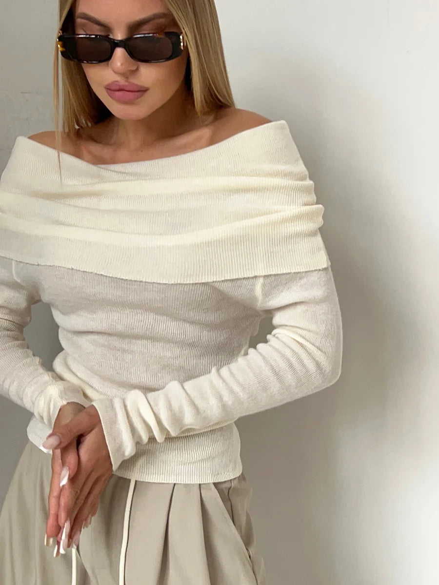 Faye | Ribbed Off Shoulder Fold Over Long Sleeve Knit Top - View 14