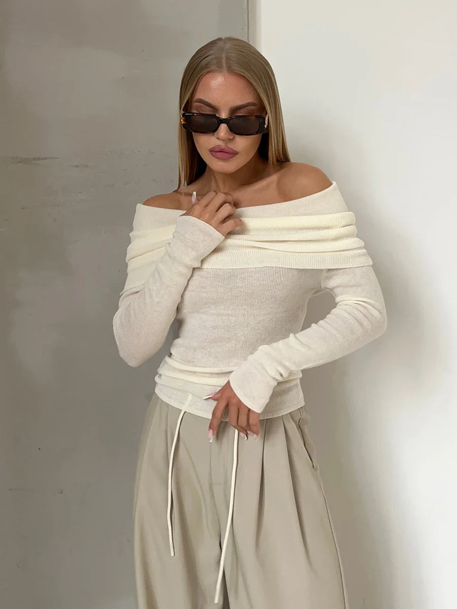 Faye | Ribbed Off Shoulder Fold Over Long Sleeve Knit Top - View 15