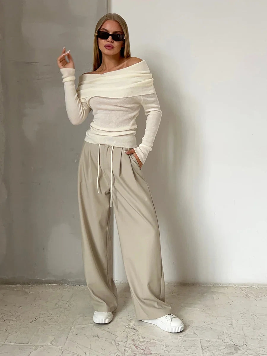 Faye | Ribbed Off Shoulder Fold Over Long Sleeve Knit Top - View 16