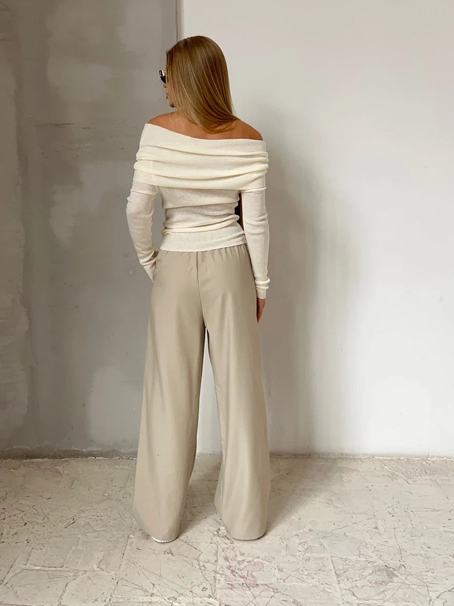 Faye | Ribbed Off Shoulder Fold Over Long Sleeve Knit Top - View 17