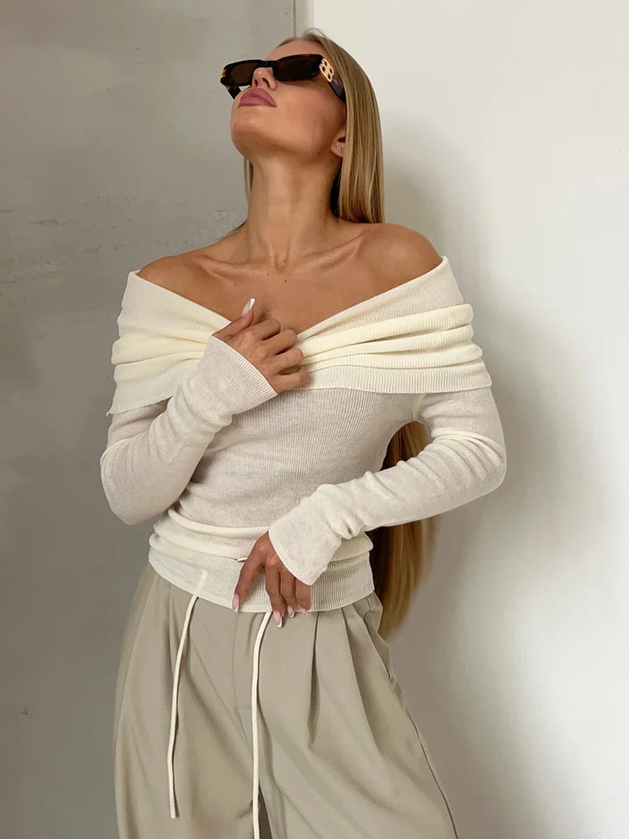 Faye | Ribbed Off Shoulder Fold Over Long Sleeve Knit Top - View 18