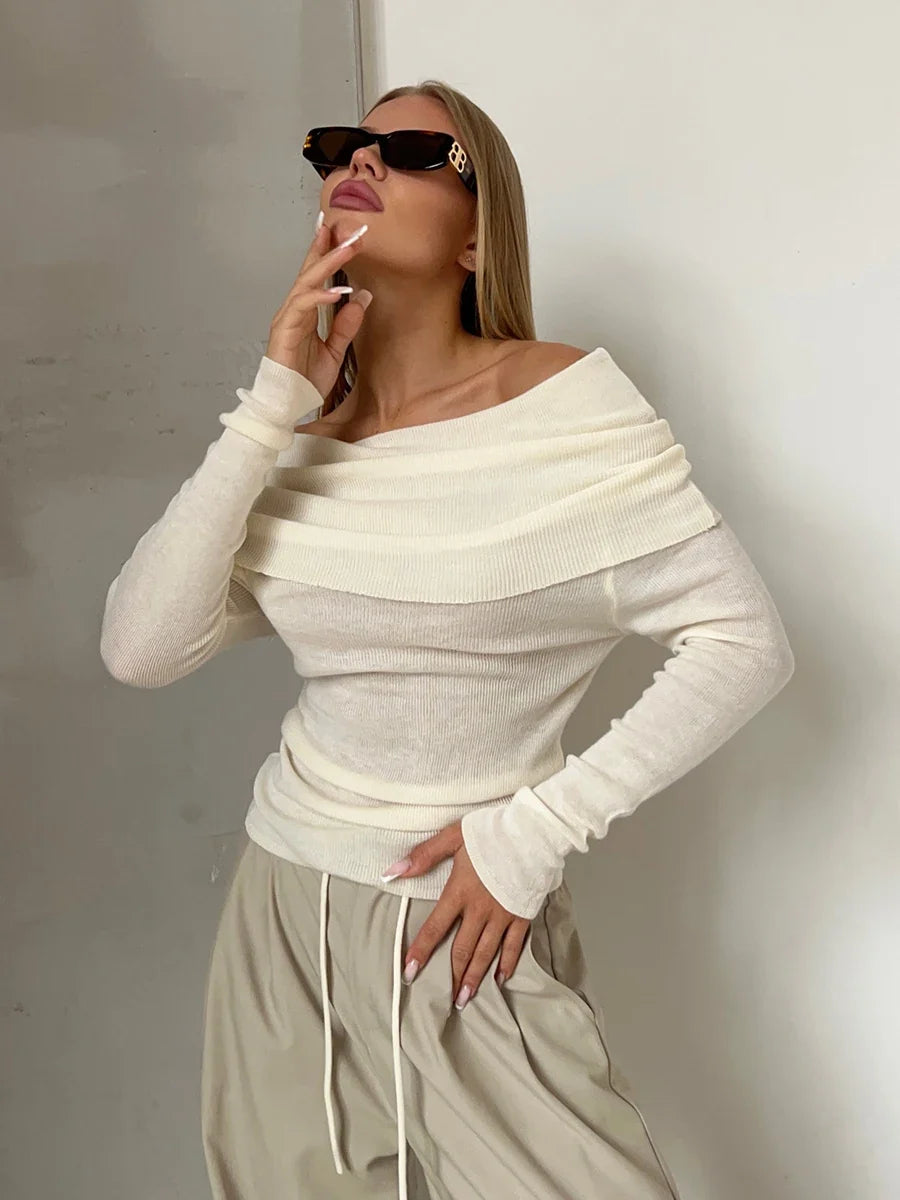 Faye | Ribbed Off Shoulder Fold Over Long Sleeve Knit Top - View 20