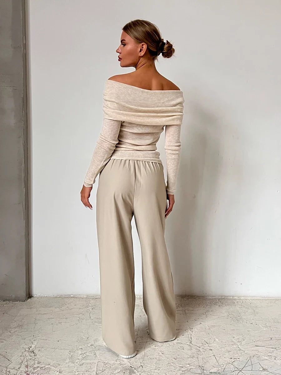 Faye | Ribbed Off Shoulder Fold Over Long Sleeve Knit Top - View 22