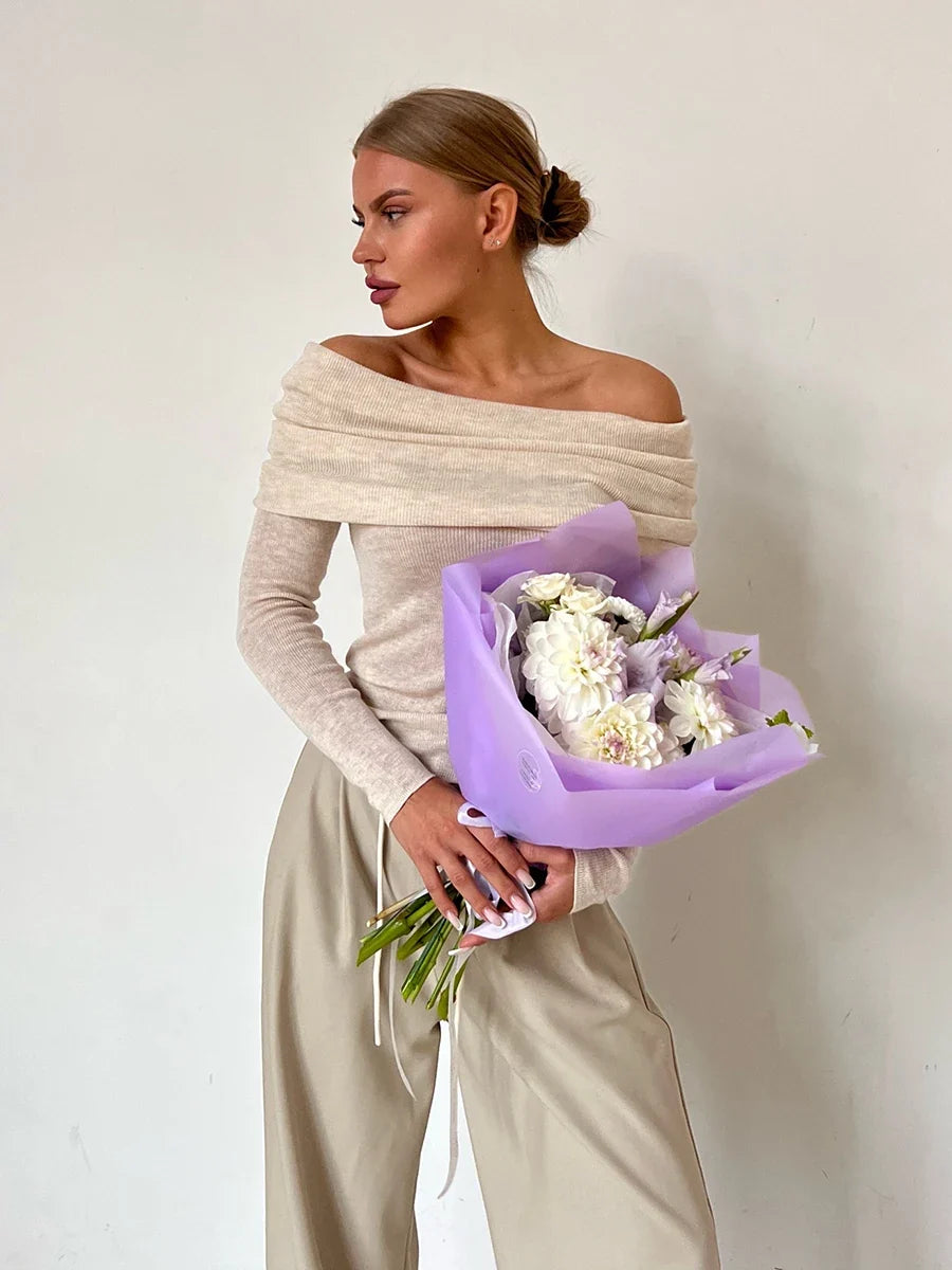 Faye | Ribbed Off Shoulder Fold Over Long Sleeve Knit Top - View 23