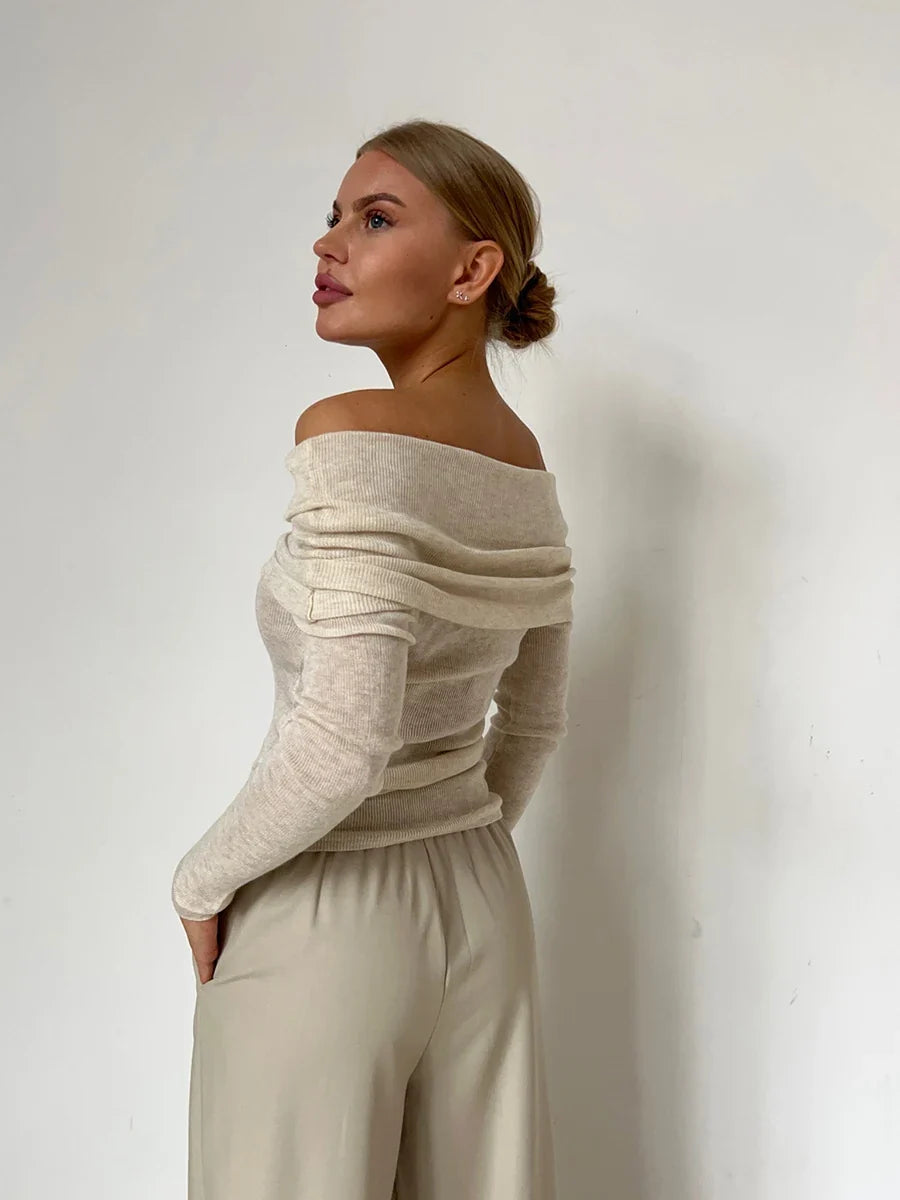 Faye | Ribbed Off Shoulder Fold Over Long Sleeve Knit Top - View 24
