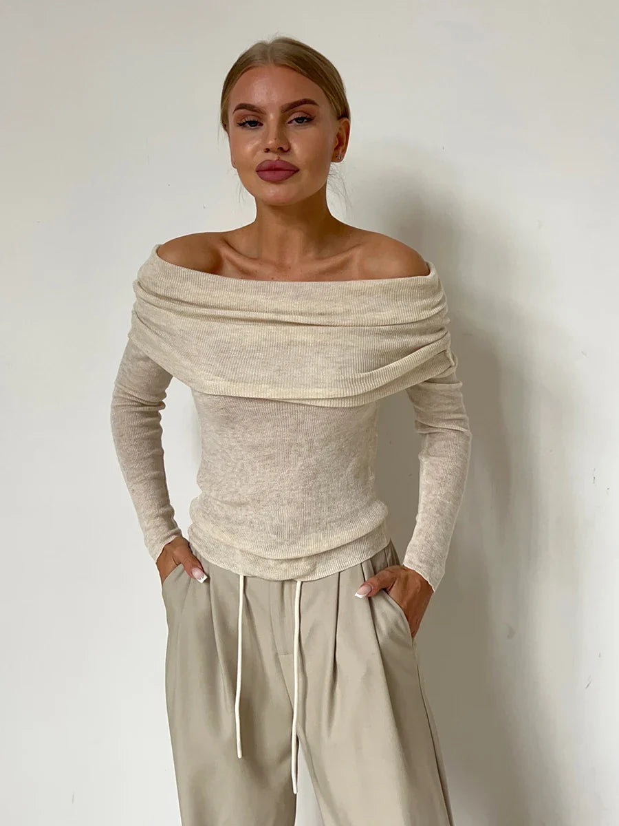 Faye | Ribbed Off Shoulder Fold Over Long Sleeve Knit Top - View 25