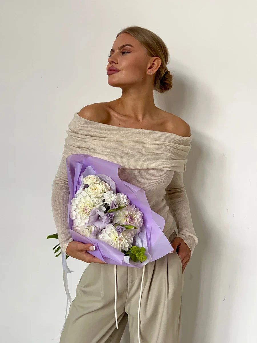Faye | Ribbed Off Shoulder Fold Over Long Sleeve Knit Top - View 26