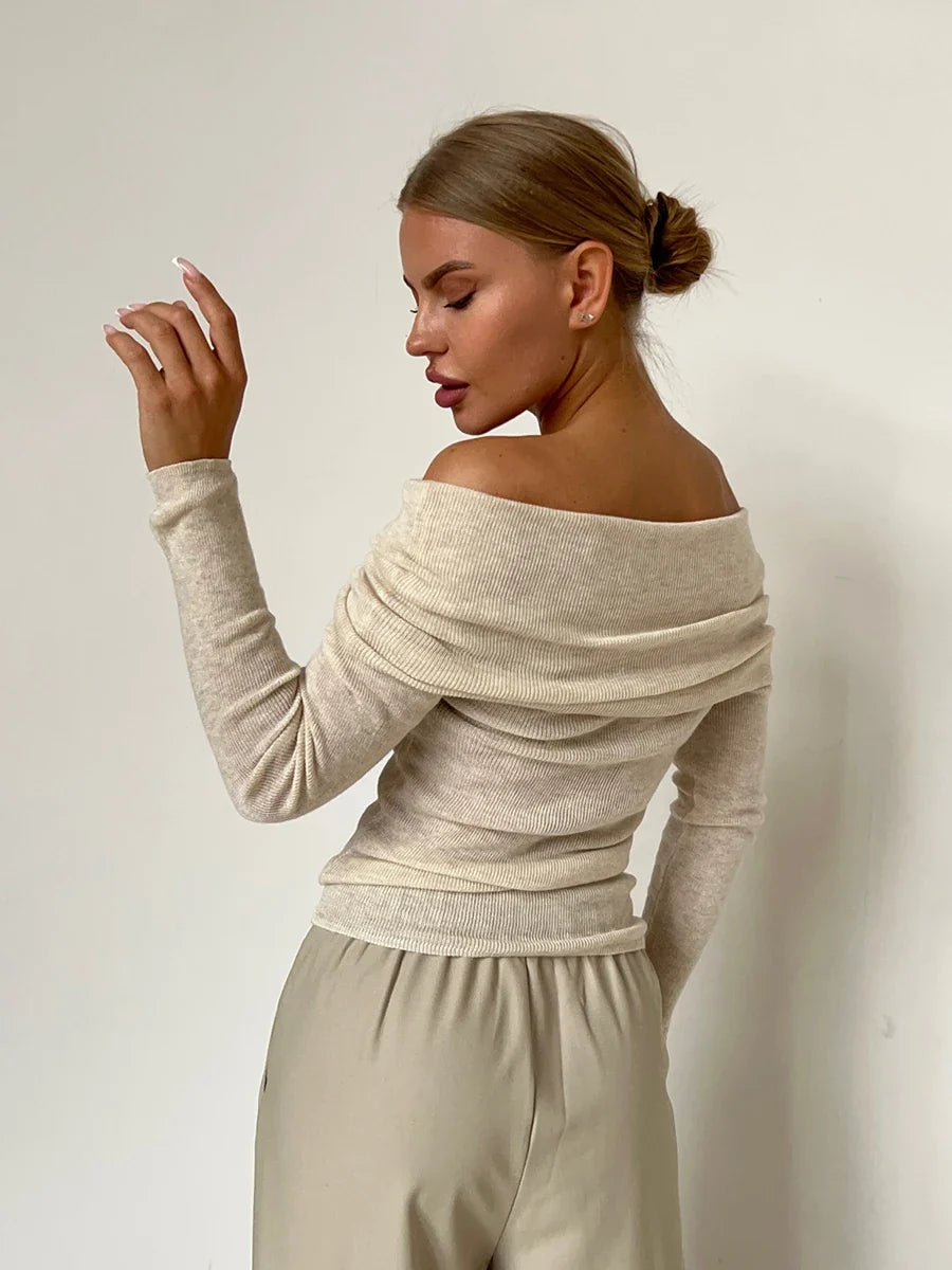 Faye | Ribbed Off Shoulder Fold Over Long Sleeve Knit Top - View 27