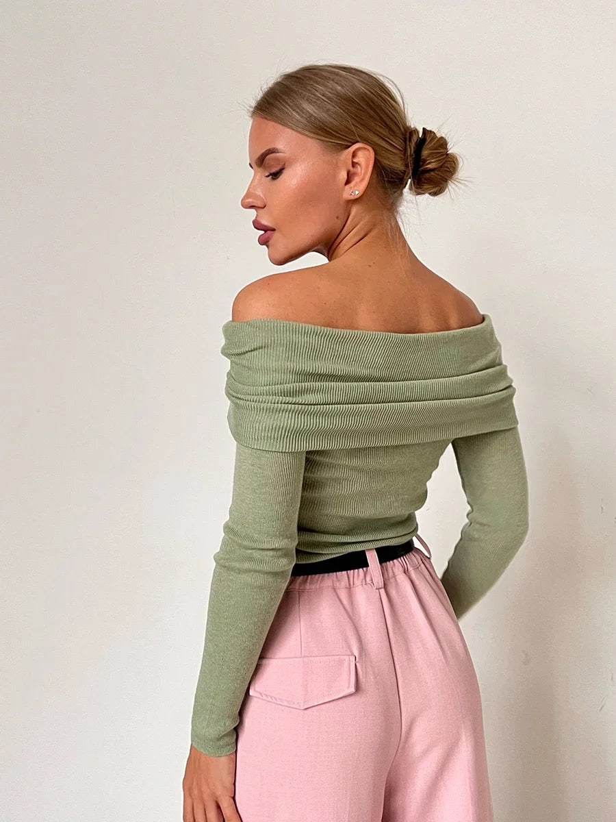 Faye | Ribbed Off Shoulder Fold Over Long Sleeve Knit Top - View 28