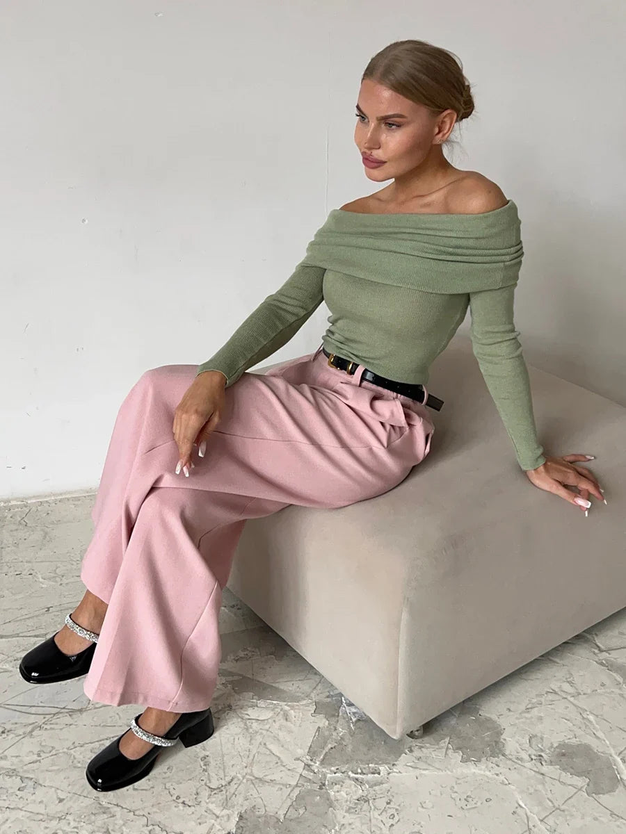 Faye | Ribbed Off Shoulder Fold Over Long Sleeve Knit Top - View 29