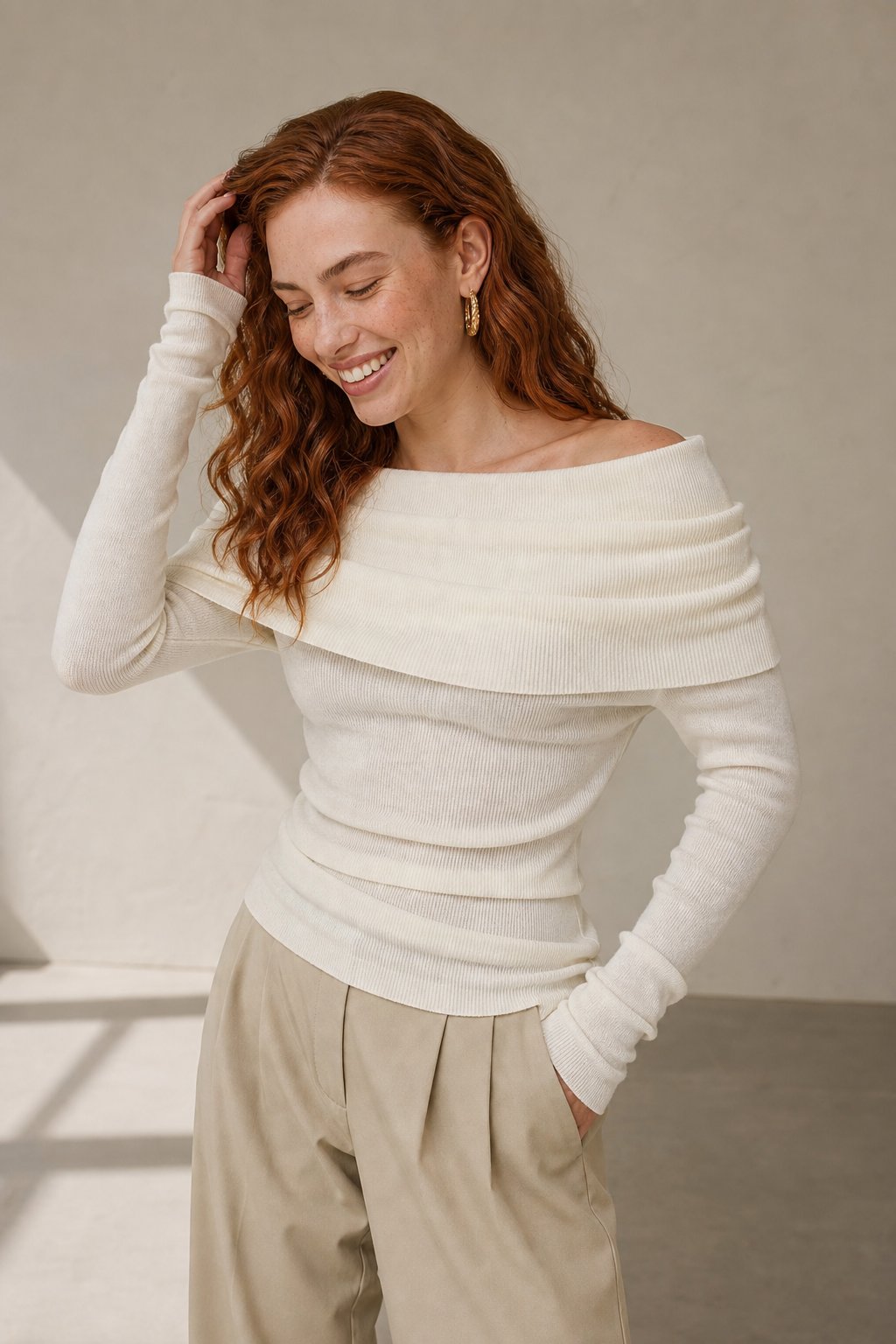 Faye | Ribbed Off Shoulder Fold Over Long Sleeve Knit Top - View 3