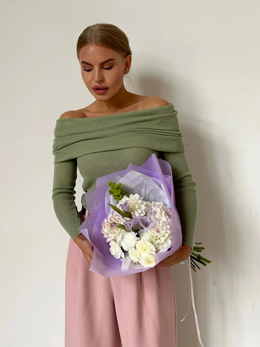 Faye | Ribbed Off Shoulder Fold Over Long Sleeve Knit Top - View 30