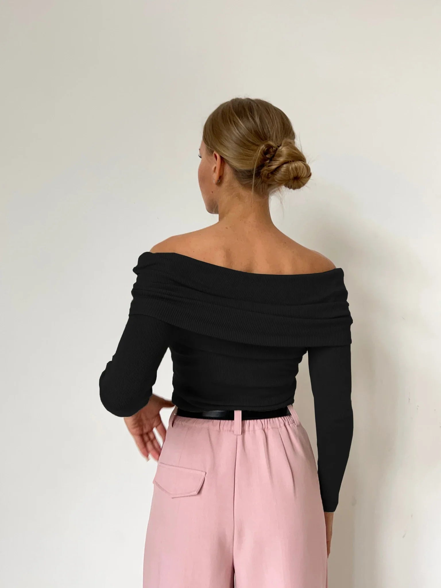 Faye | Ribbed Off Shoulder Fold Over Long Sleeve Knit Top - View 33