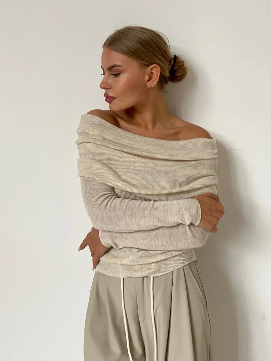Faye | Ribbed Off Shoulder Fold Over Long Sleeve Knit Top - View 34