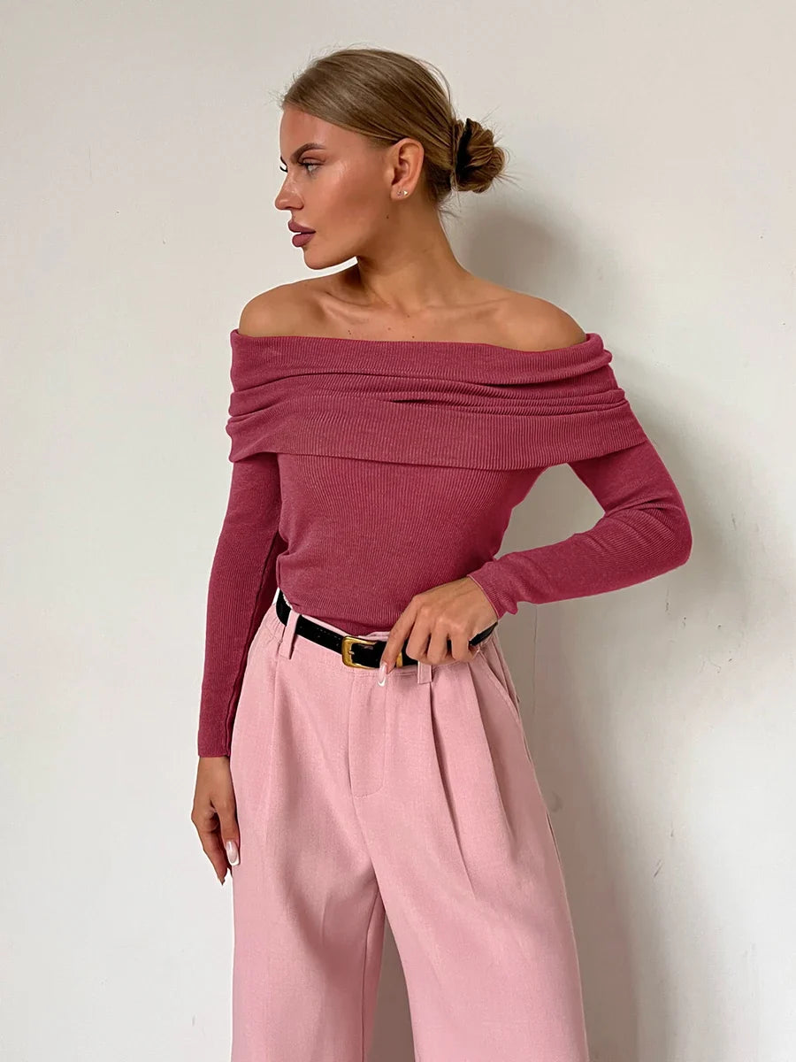 Faye | Ribbed Off Shoulder Fold Over Long Sleeve Knit Top - View 36