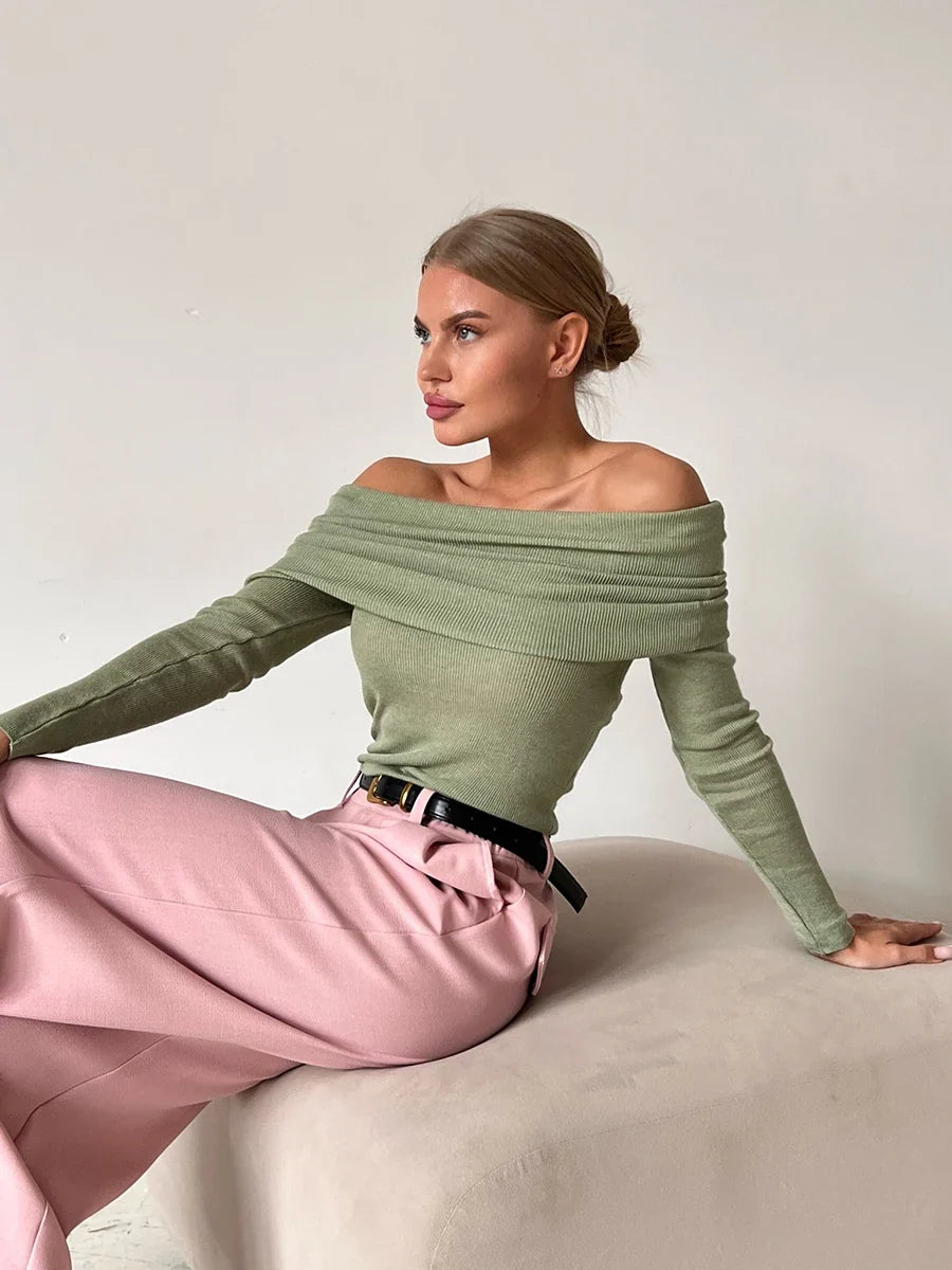 Faye | Ribbed Off Shoulder Fold Over Long Sleeve Knit Top - View 37