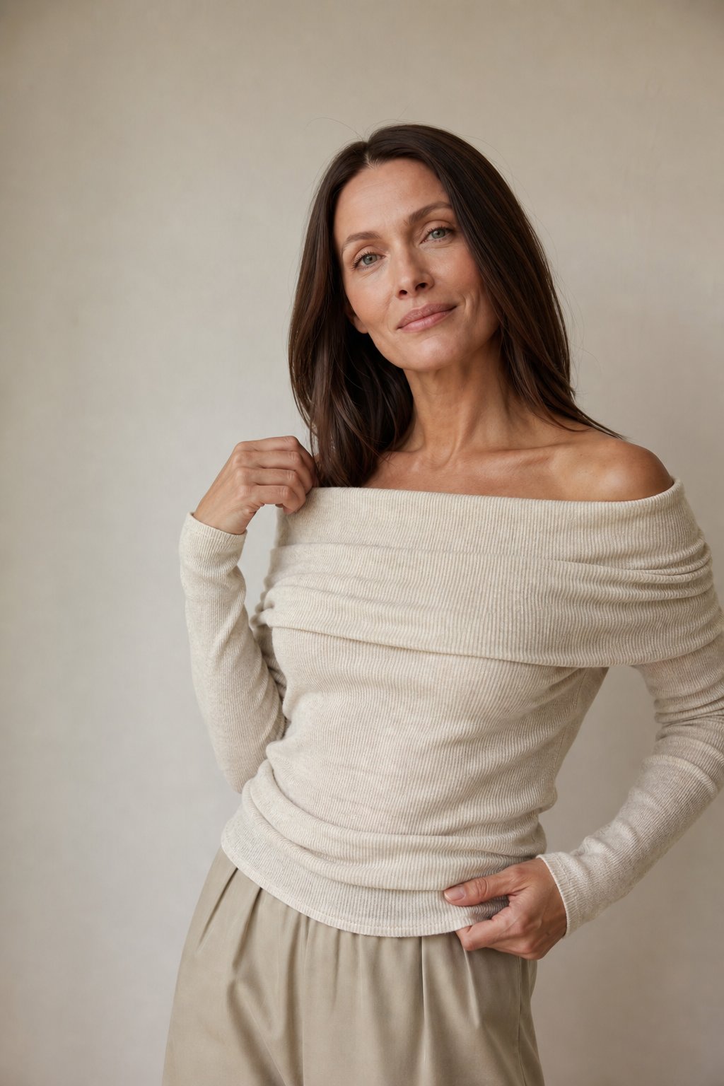 Faye | Ribbed Off Shoulder Fold Over Long Sleeve Knit Top - View 4