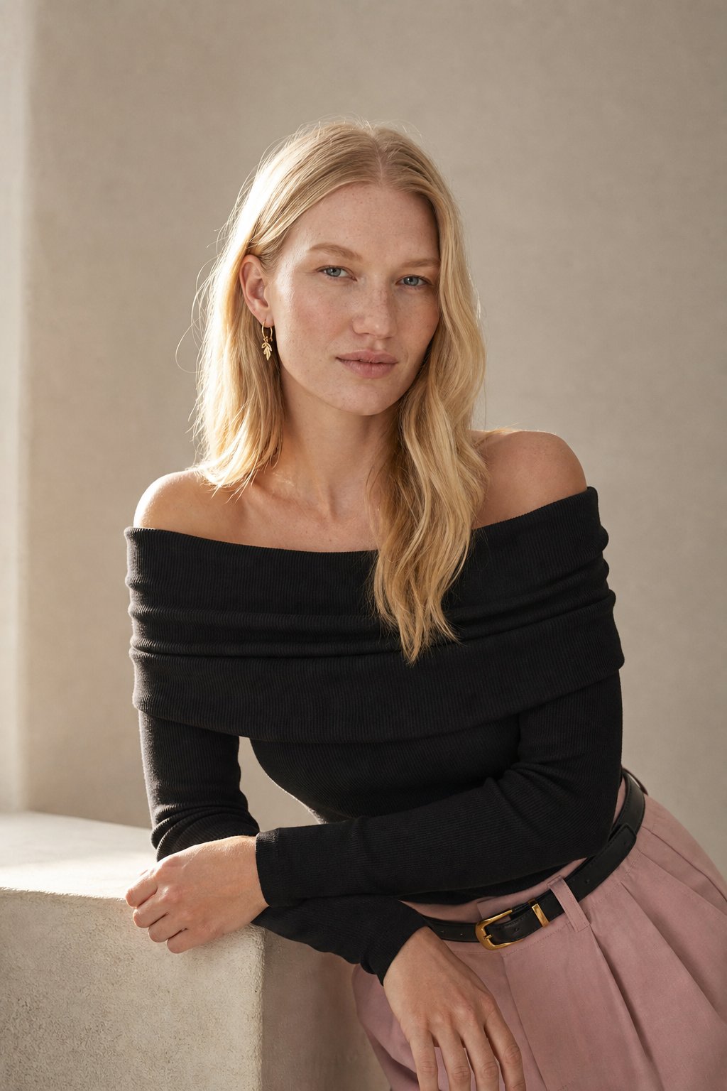 Faye | Ribbed Off Shoulder Fold Over Long Sleeve Knit Top - View 6