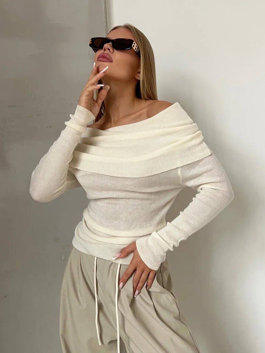 Faye | Ribbed Off Shoulder Fold Over Long Sleeve Knit Top - View 9