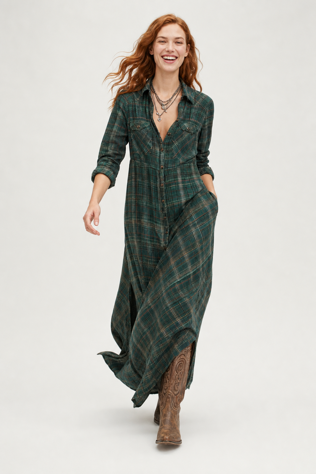 Ffion | Plaid Check Button Front Long Sleeve Maxi Dress