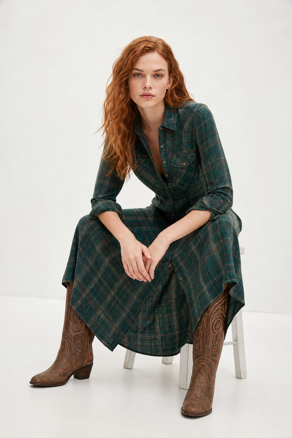 Ffion | Plaid Check Button Front Long Sleeve Maxi Dress - View 2