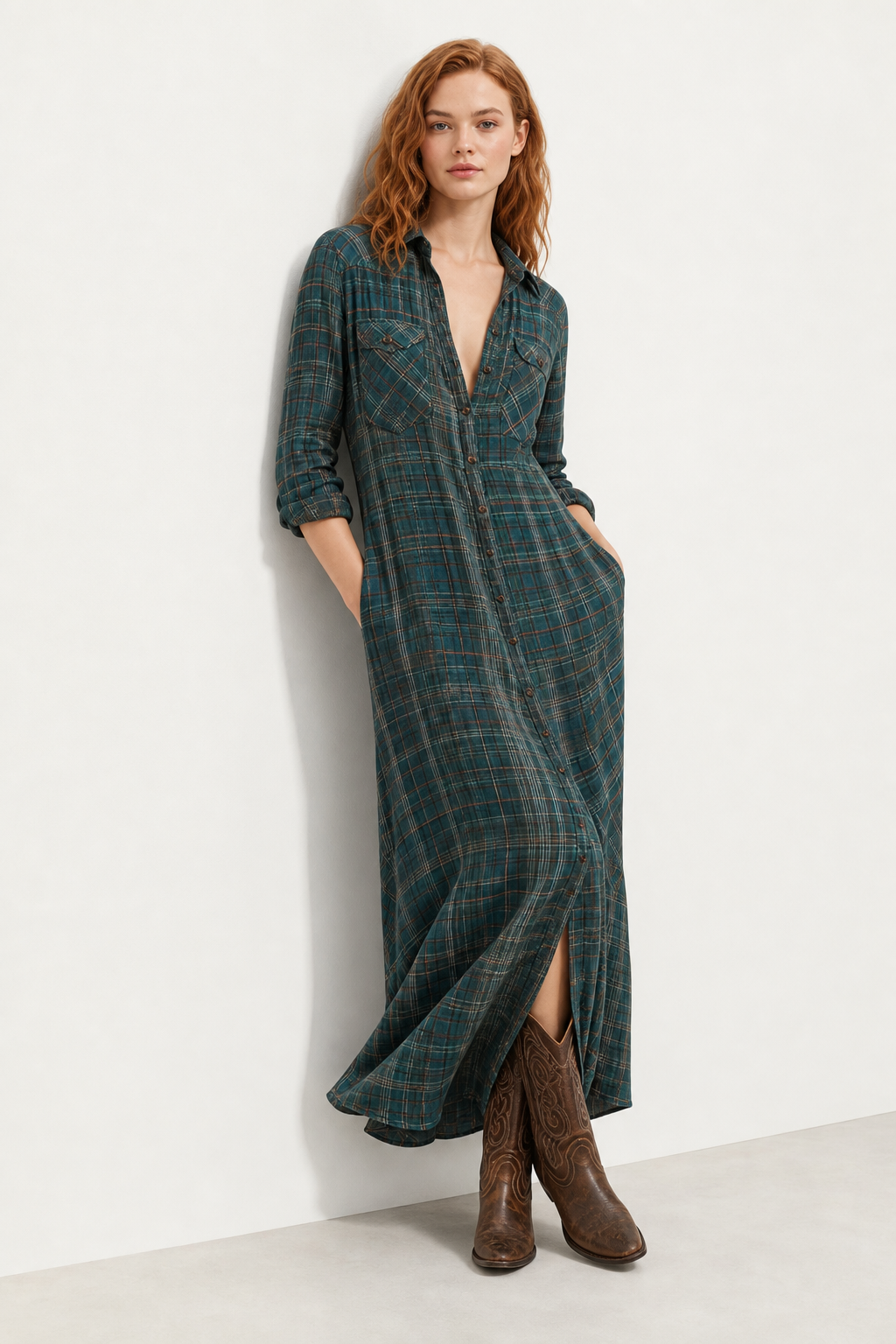 Ffion | Plaid Check Button Front Long Sleeve Maxi Dress - View 3