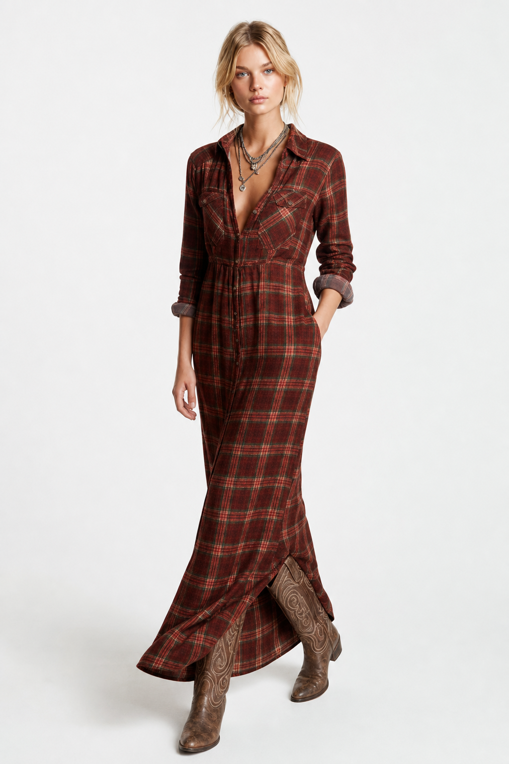 Ffion | Plaid Check Button Front Long Sleeve Maxi Dress - View 4