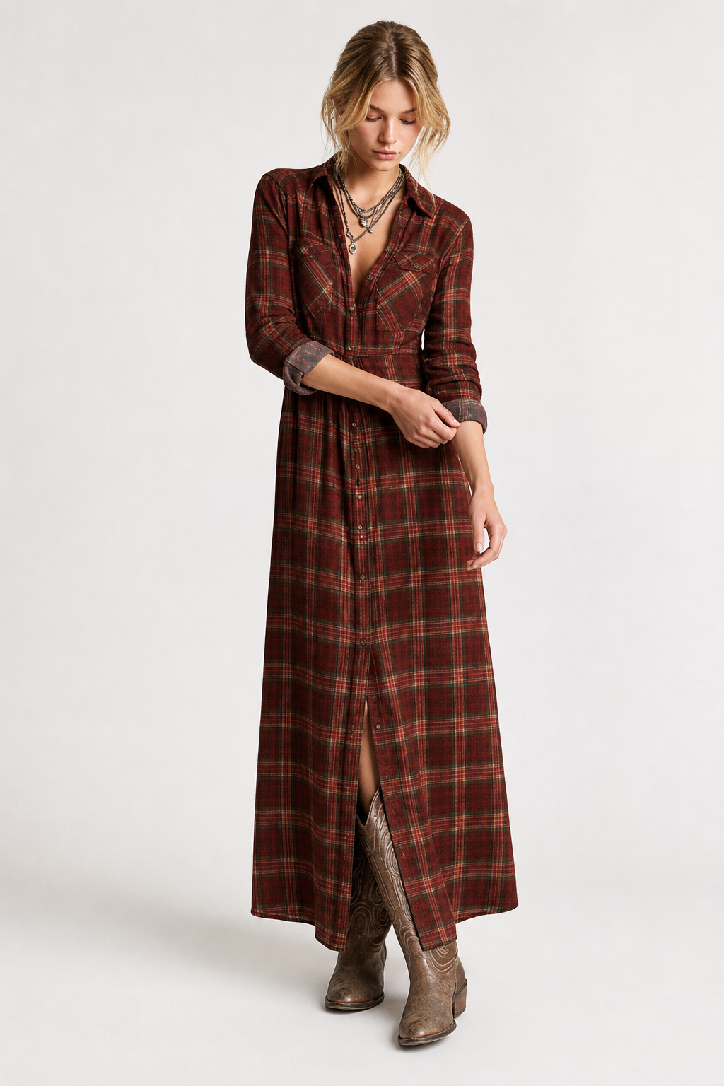 Ffion | Plaid Check Button Front Long Sleeve Maxi Dress - View 5