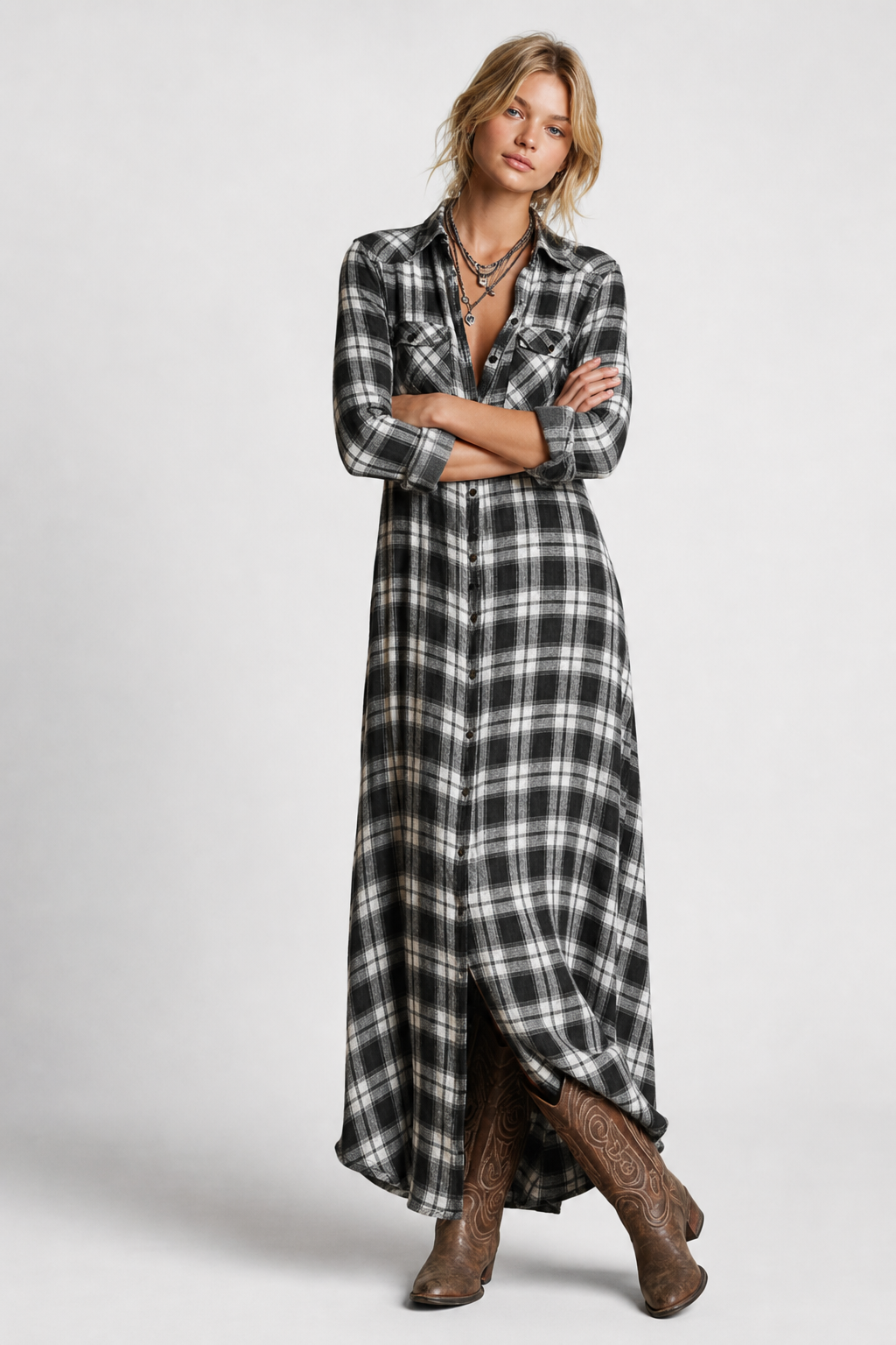 Ffion | Plaid Check Button Front Long Sleeve Maxi Dress - View 6