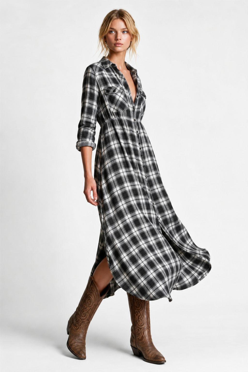 Ffion | Plaid Check Button Front Long Sleeve Maxi Dress - View 7