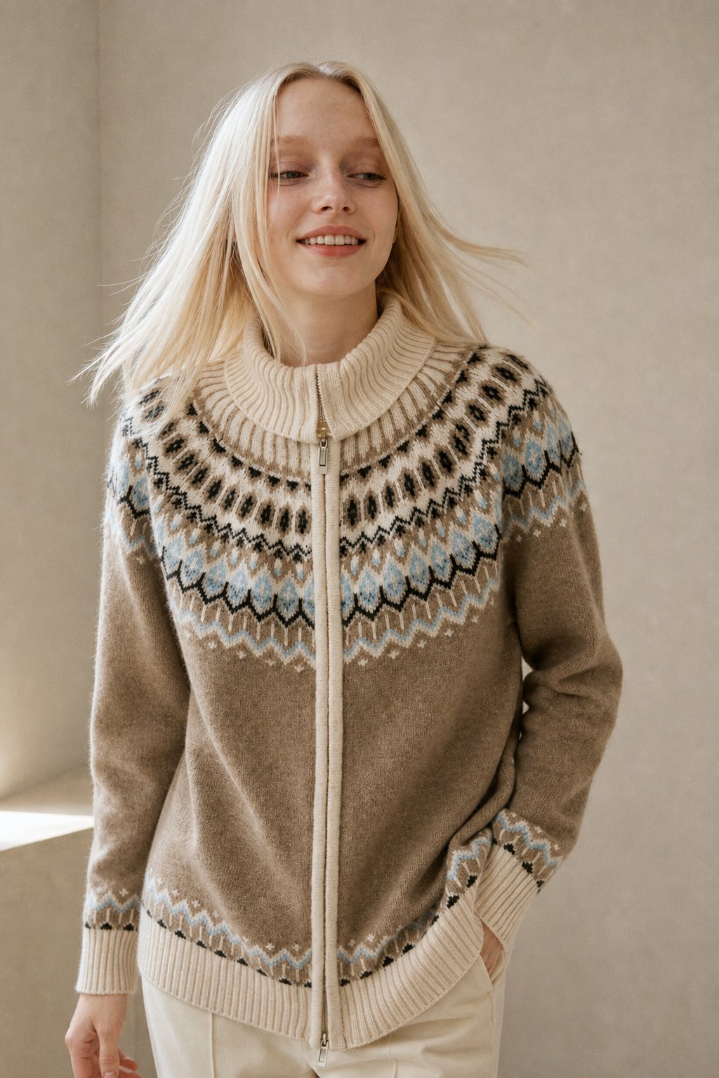 Fleur | Fair Isle Yoke Funnel Collar Cashmere Zip Cardigan