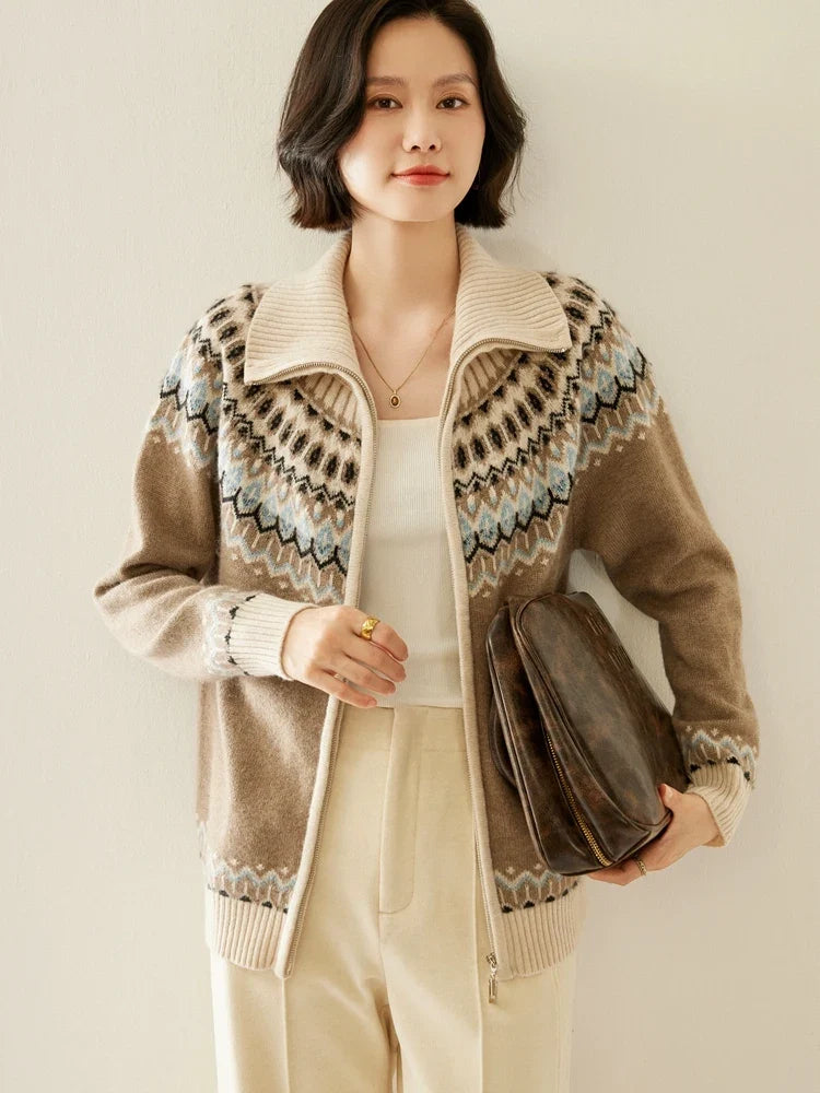 Fleur | Fair Isle Yoke Funnel Collar Cashmere Zip Cardigan - View 10
