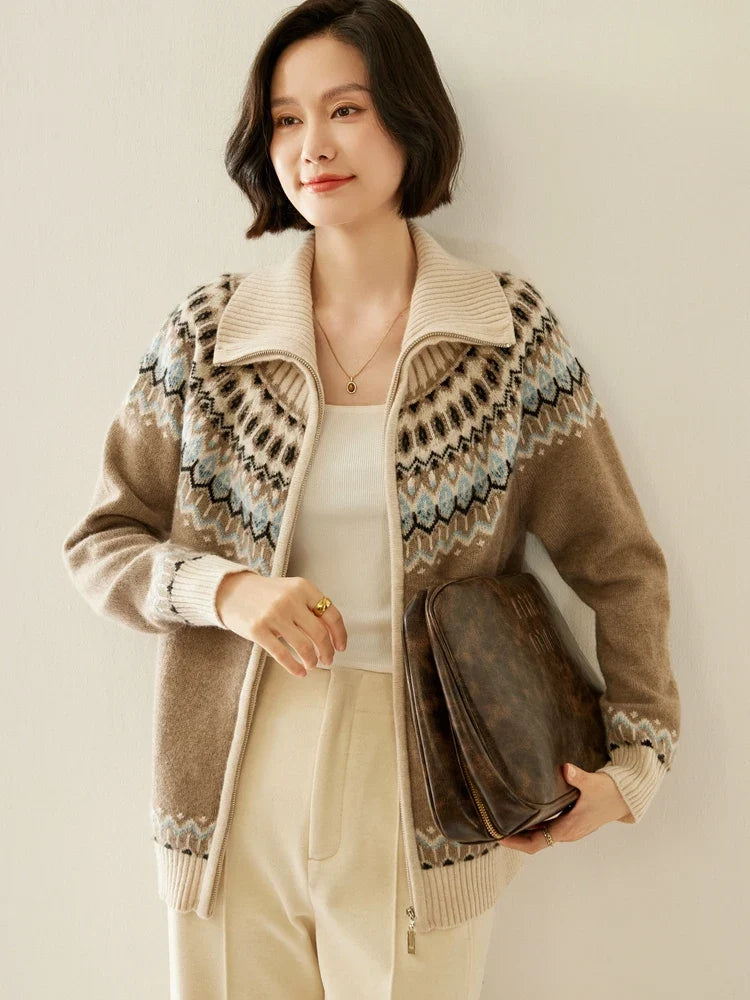Fleur | Fair Isle Yoke Funnel Collar Cashmere Zip Cardigan - View 11