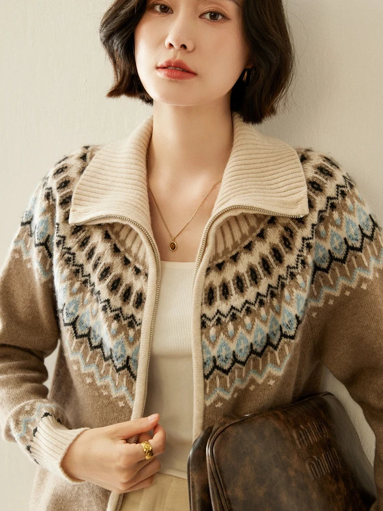 Fleur | Fair Isle Yoke Funnel Collar Cashmere Zip Cardigan - View 12