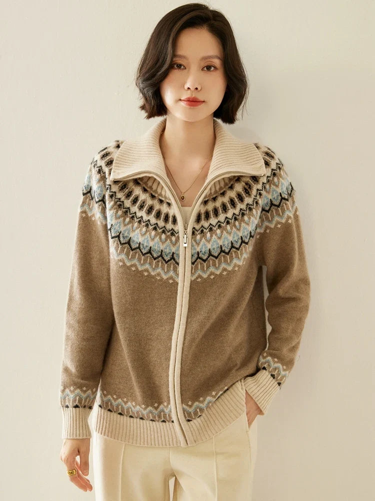 Fleur | Fair Isle Yoke Funnel Collar Cashmere Zip Cardigan - View 13