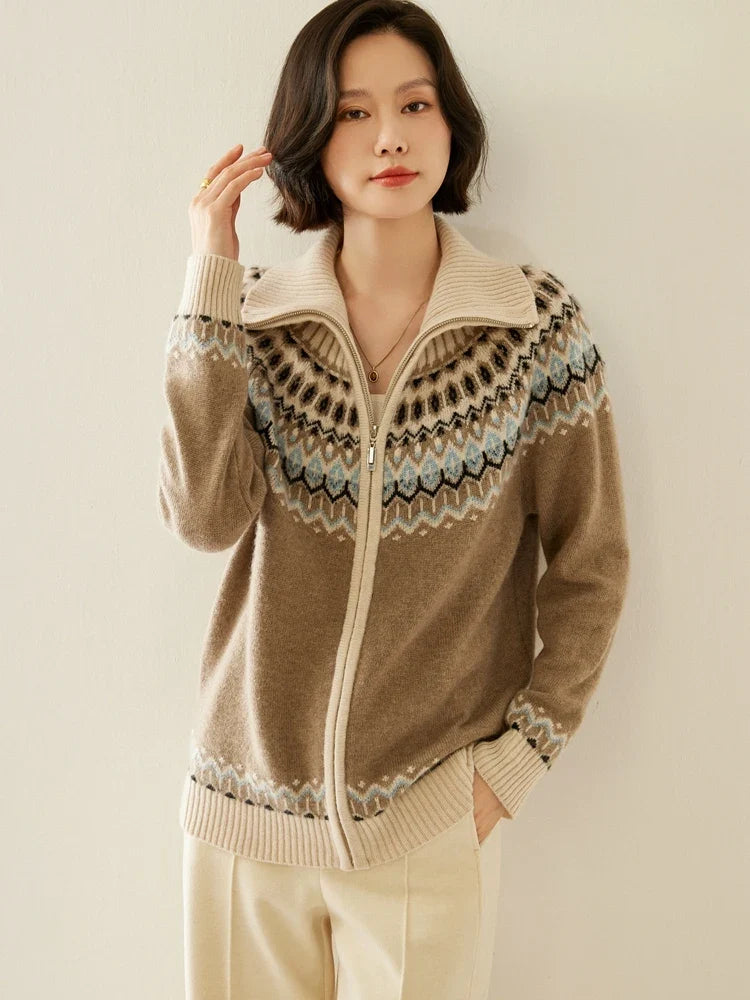 Fleur | Fair Isle Yoke Funnel Collar Cashmere Zip Cardigan - View 14