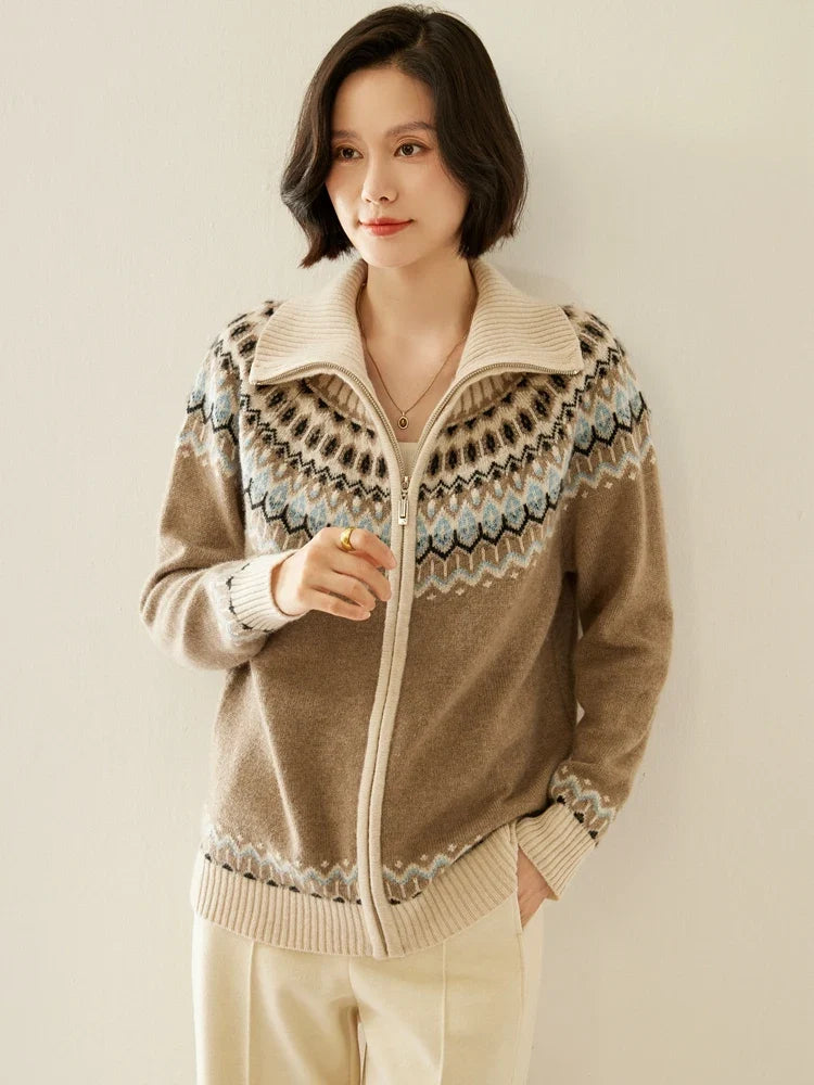 Fleur | Fair Isle Yoke Funnel Collar Cashmere Zip Cardigan - View 15