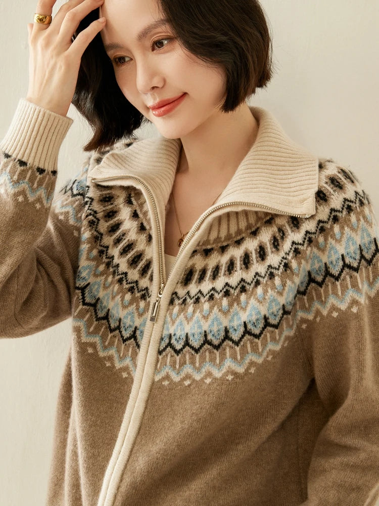 Fleur | Fair Isle Yoke Funnel Collar Cashmere Zip Cardigan - View 16