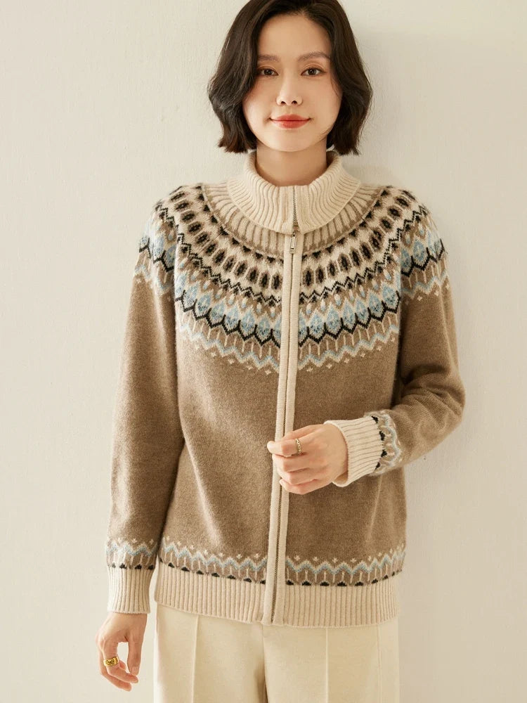 Fleur | Fair Isle Yoke Funnel Collar Cashmere Zip Cardigan - View 17
