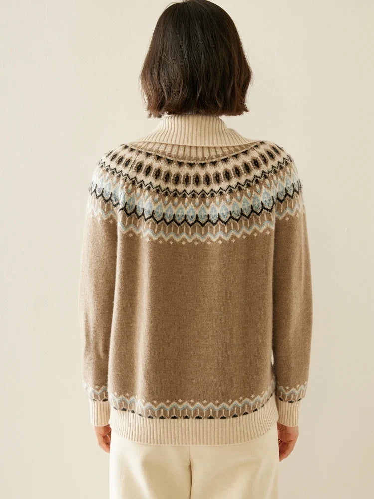 Fleur | Fair Isle Yoke Funnel Collar Cashmere Zip Cardigan - View 18