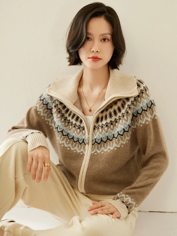 Fleur | Fair Isle Yoke Funnel Collar Cashmere Zip Cardigan - View 19