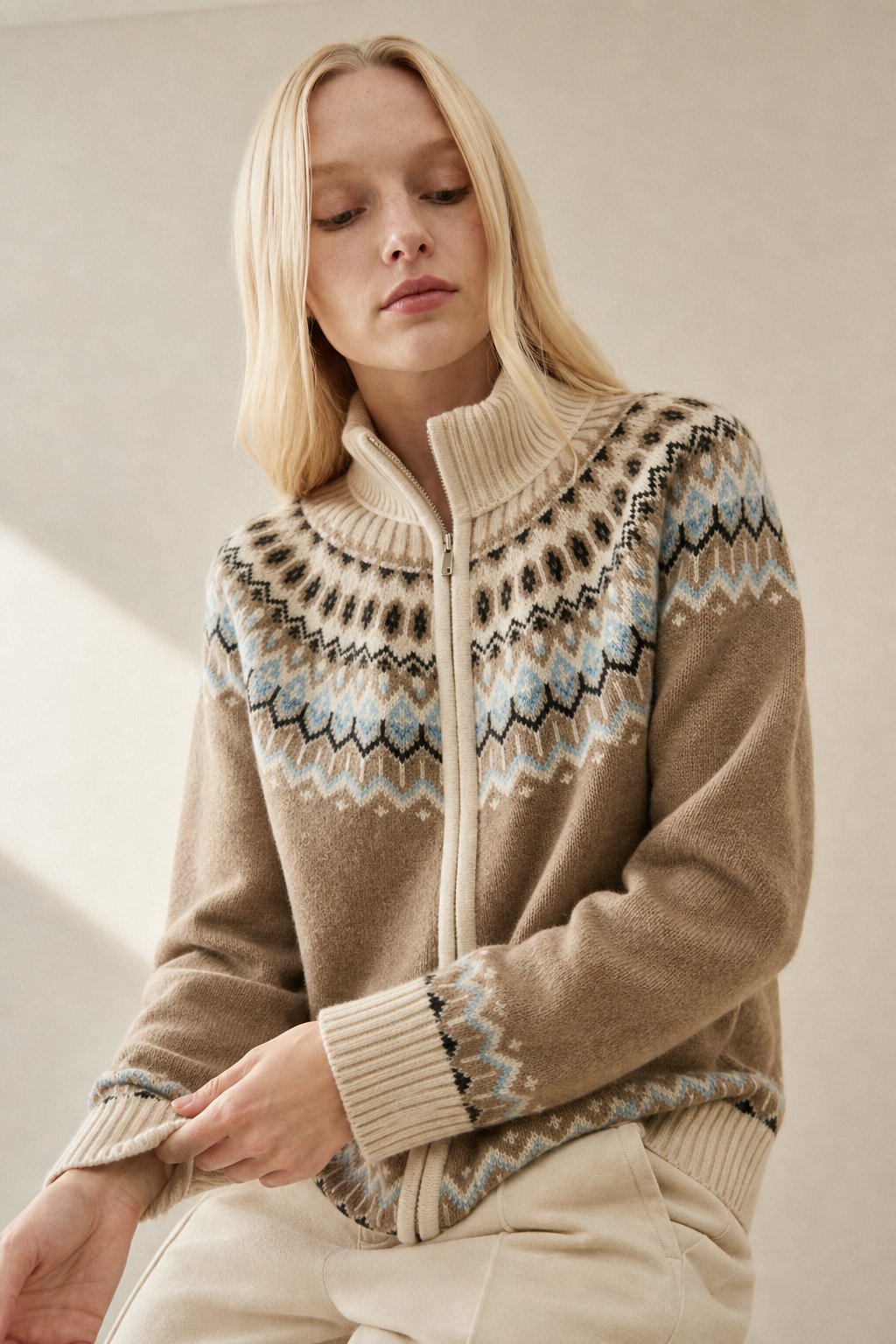 Fleur | Fair Isle Yoke Funnel Collar Cashmere Zip Cardigan - View 2