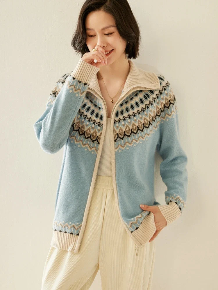 Fleur | Fair Isle Yoke Funnel Collar Cashmere Zip Cardigan - View 20