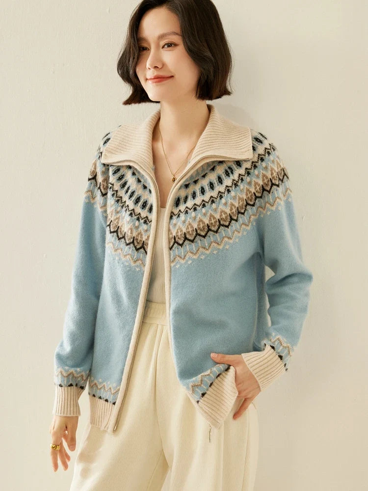 Fleur | Fair Isle Yoke Funnel Collar Cashmere Zip Cardigan - View 21