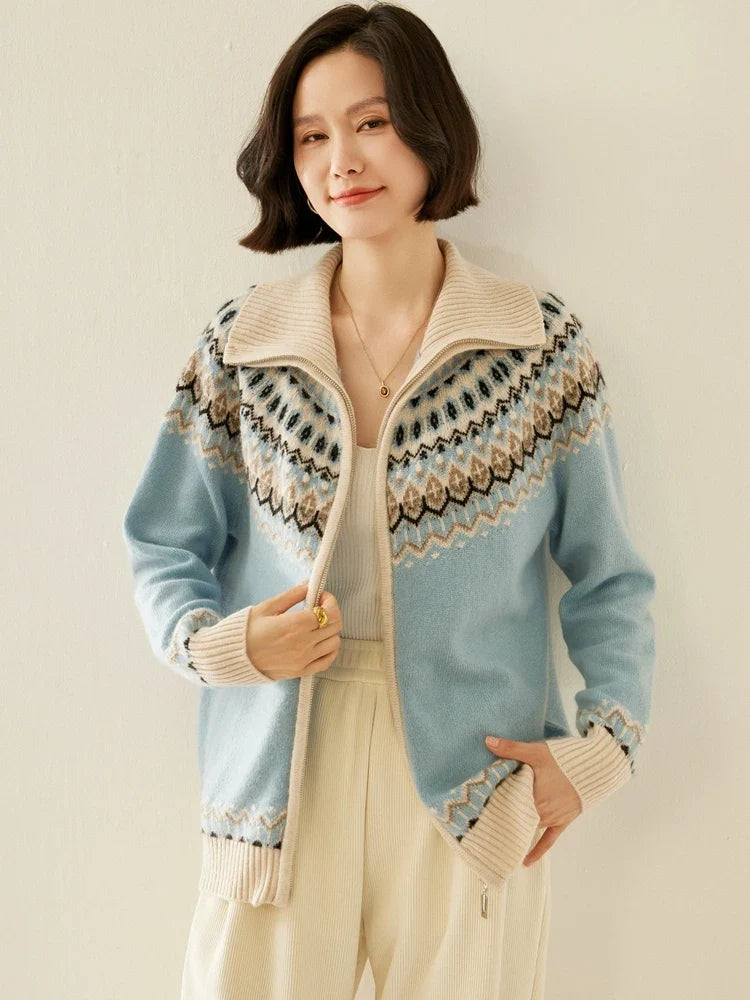 Fleur | Fair Isle Yoke Funnel Collar Cashmere Zip Cardigan - View 22