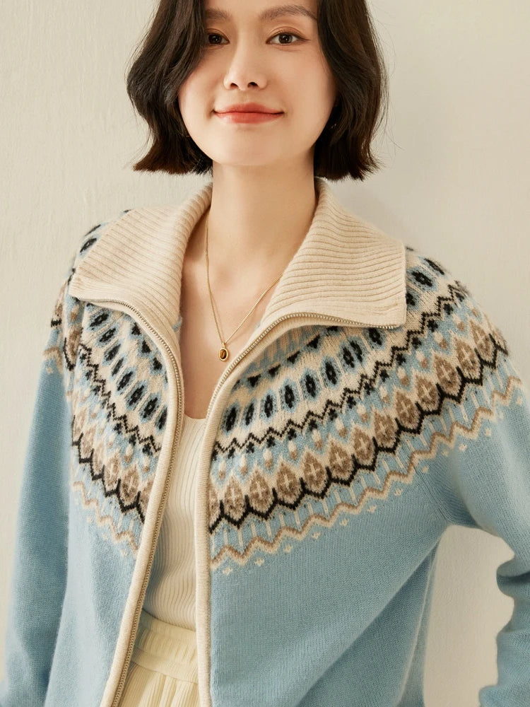 Fleur | Fair Isle Yoke Funnel Collar Cashmere Zip Cardigan - View 23