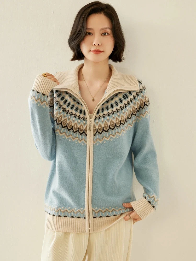 Fleur | Fair Isle Yoke Funnel Collar Cashmere Zip Cardigan - View 24