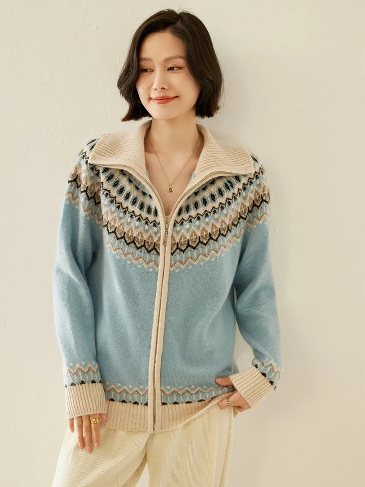 Fleur | Fair Isle Yoke Funnel Collar Cashmere Zip Cardigan - View 25