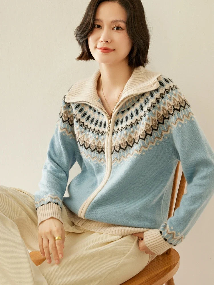 Fleur | Fair Isle Yoke Funnel Collar Cashmere Zip Cardigan - View 26