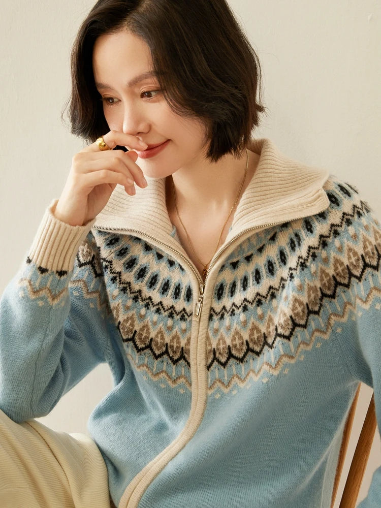 Fleur | Fair Isle Yoke Funnel Collar Cashmere Zip Cardigan - View 27